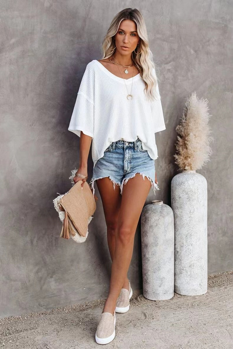 Prettyswomen 2022 New Women Summer Casual Solid Short Sleeve T-Shirt Basic V-Neck Batwing Sleeve Tops Fashion Loose Knitted Pullover Tees
