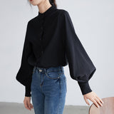 Black Friday Sales Big Lantern Sleeve Blouse Women Spring Fashion Single Breasted Stand Collar Shirts Female Office Work Blouse Solid White Tops
