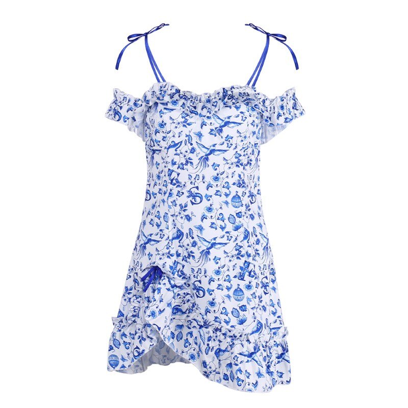 Women Summer Boho Beach Dress with Irregular Ruffle Hem Boho Floral Print Off Shoulder Ruched Spaghetti Strap Mini Vestidos Blue
