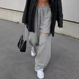 Thanksgiving Day Gifts Baggy Wide Leg Women's Palazzo Pants Joggers Hole High Waist Sweatpants Trousers Causal Hip Hop Straight Female Bottoms