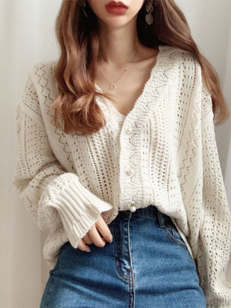 Black Friday Sales 2022 Women Spring Summer Knit Cardigans Low V-Neck Knit Tops Long Sleeve Flare Hollow Out Sexy Cardigan Loose White Tops