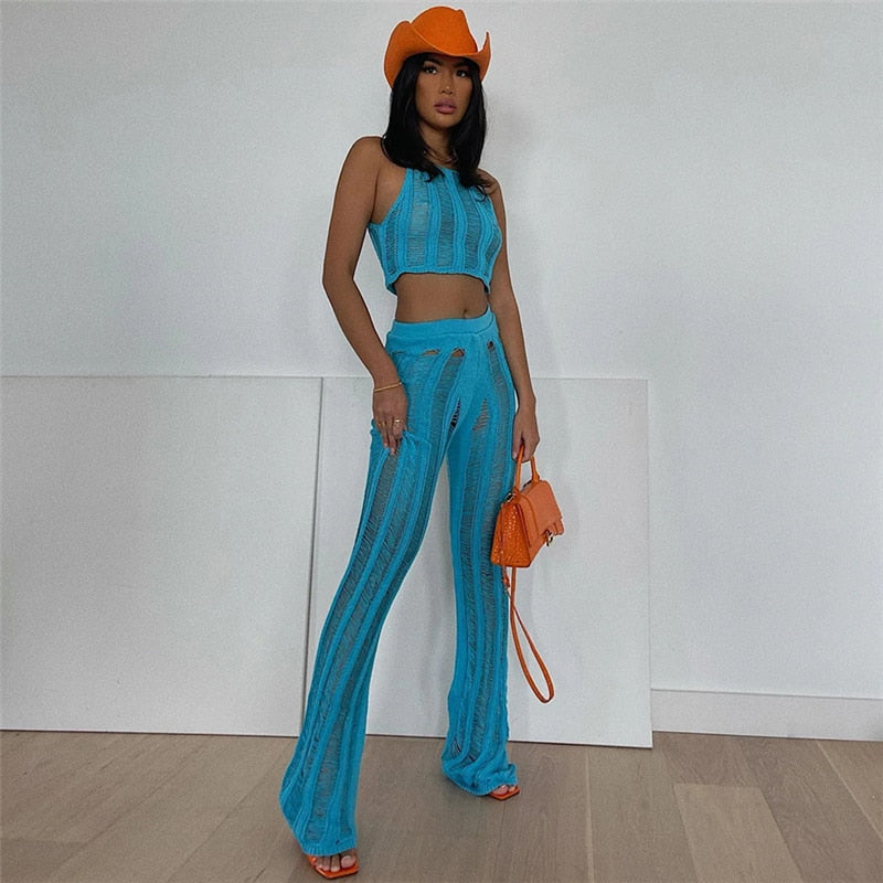 Prettyswomen Women Tracksuit Fashion Sexy See Through Crop Top and Flare Pants Two Piece Set Female Streetwear Y2K Activewear Suit