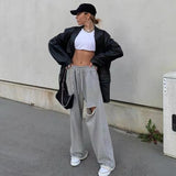 Thanksgiving Day Gifts Baggy Wide Leg Women's Palazzo Pants Joggers Hole High Waist Sweatpants Trousers Causal Hip Hop Straight Female Bottoms