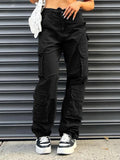 PrettysWomen  Multi-Pockets Gray Streetwear Cargo Jeans Low Rise Denim Pants Women Aesthetic Vintage 90s Casual Black Straight Trousers