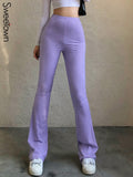 Prettyswomen Purple Ribbed  Joggers Women Knitted Flare Pants Slim High Waist Aesthetic Trousers Female Vintage 90s Sweatpants