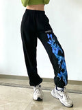 Prettyswomen Lightning Print Sweatpants Ladies Fashion Black Casual Loose Joggers Baggy High Waist Pants Streetwear Summer