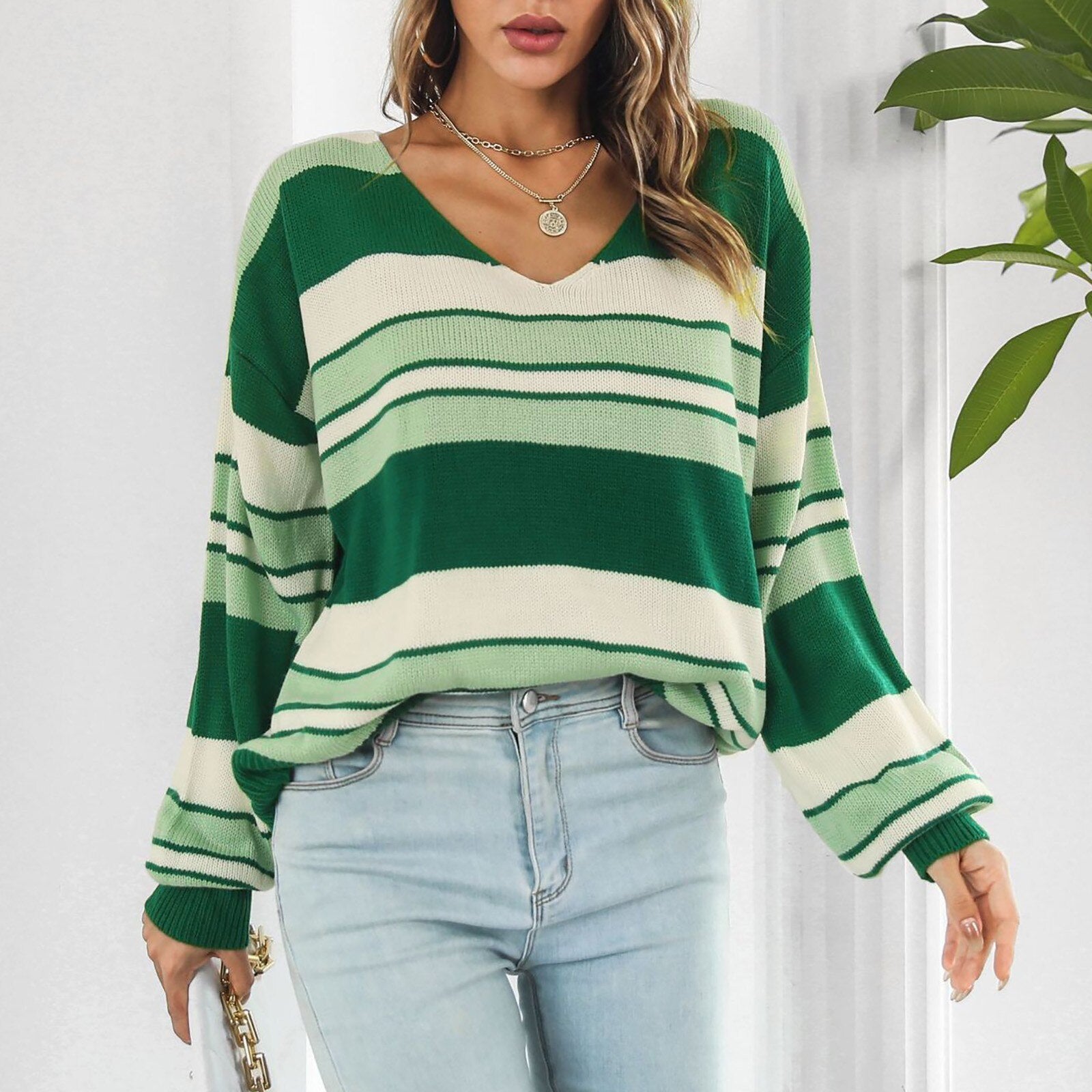 Black Friday Sales Women V Neck Striped Print Pullover Sweaters Long Sleeve Lightweight Loose Casual Warm Knitwear Autumn Winter Sweater For Women