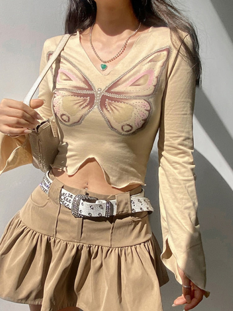 Prettyswomen 2022 Y2K Butterfly Printed Rhinestone Women T Shirts 2022 Autumn Kawaii Crop Top Fairy Grunge Flared Sleeves V Neck Tshirt