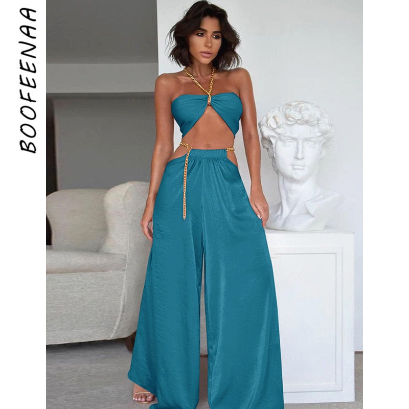 BOOFEENAA Sexy Satin Two Piece Set Metal Chain Baggy Wide Leg Pants and Crop Top 2022 Summer Beach Vacation Outfits C68-EE36