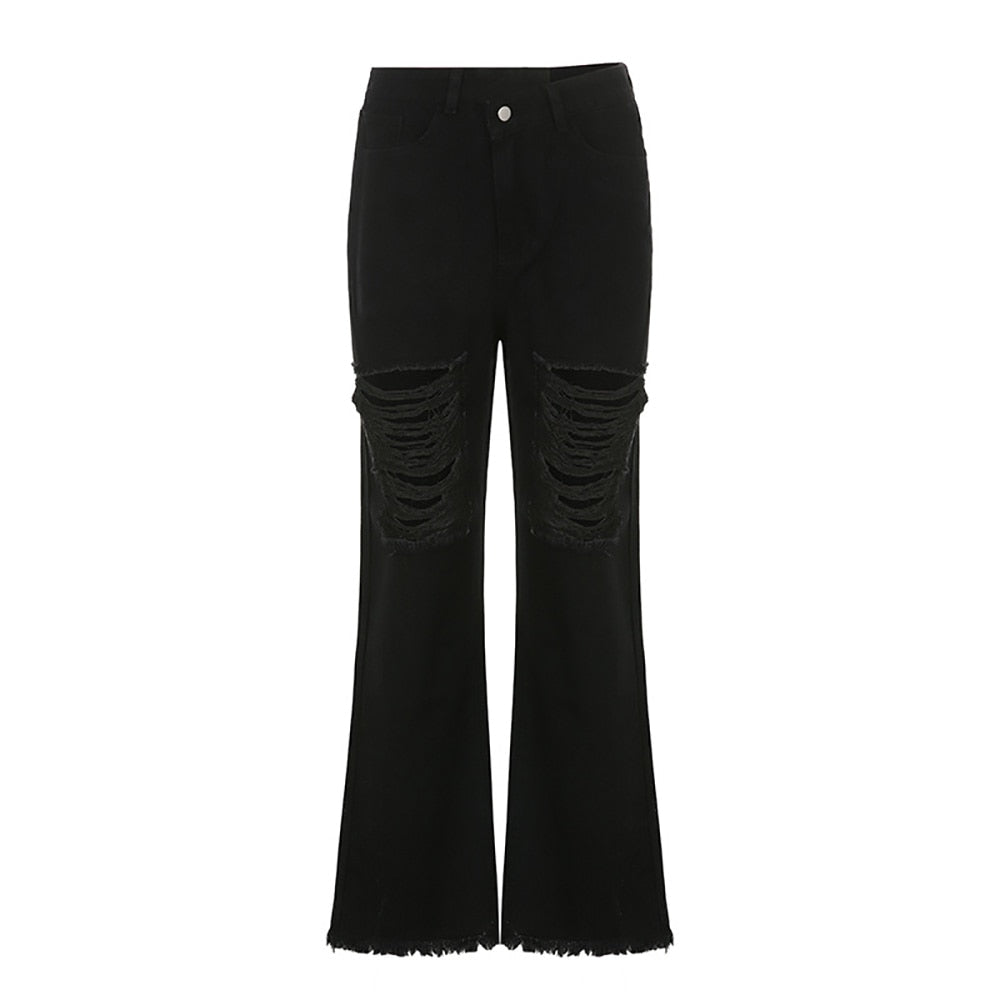 Mall Goth Y2K High Waist Black Denim Long Pants Grunge Punk Streetwear Full Length Distressed Ripped Jeans Women Fashion