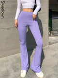 Prettyswomen Purple Ribbed  Joggers Women Knitted Flare Pants Slim High Waist Aesthetic Trousers Female Vintage 90s Sweatpants