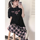 Thanksgiving Day Gifts Prettyswomen Black And Pink Plaid Pants Oversize New Women Casual Loose Wide Leg Trousers Ins Retro Teens Straight Trousers Hiphop Streetwear