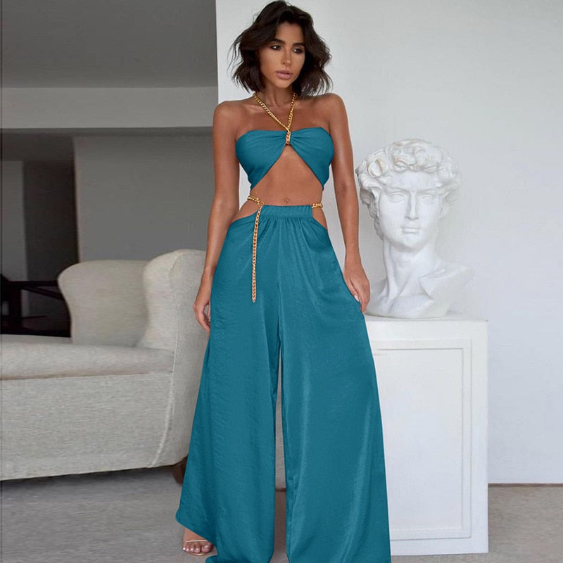 BOOFEENAA Sexy Satin Two Piece Set Metal Chain Baggy Wide Leg Pants and Crop Top 2022 Summer Beach Vacation Outfits C68-EE36