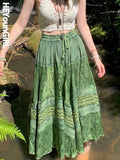 Vintage Green Women Long Skirt Aesthetic Graphic Print Hight Waist Cute Casual Midi Skirts Grunge Sweet Lady Outfits