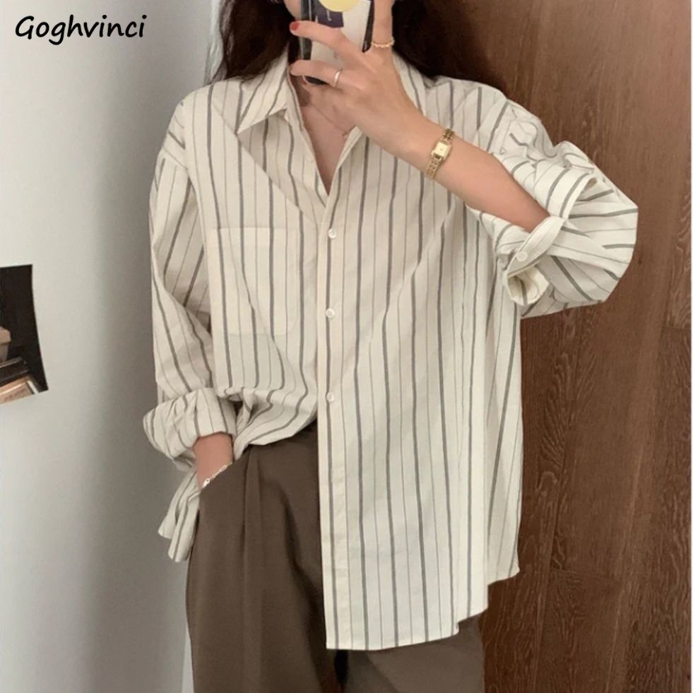 Prettyswomen Loose Shirts Women Breathable Retro Striped Teenagers Basic Soft Trendy All-Match Ulzzang Leisure Autumn Outwear Females Popular