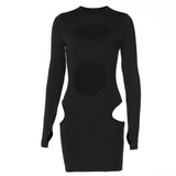 Female Sexy Tight Mini Vestidos Solid Color Hollow Out Long Sleeve Round Collar Bodycon Dress Club Streetwear Clothing Women