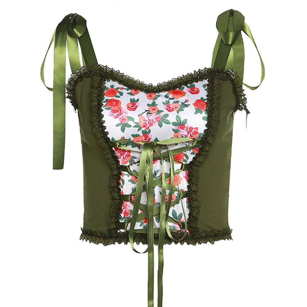 Fairy Grunge Aesthetics Lace Up Patchwork Green Corset Tops Y2K Vintage Sweet Floral Print Ruffles Trim Crop Top Summer