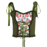 Fairy Grunge Aesthetics Lace Up Patchwork Green Corset Tops Y2K Vintage Sweet Floral Print Ruffles Trim Crop Top Summer