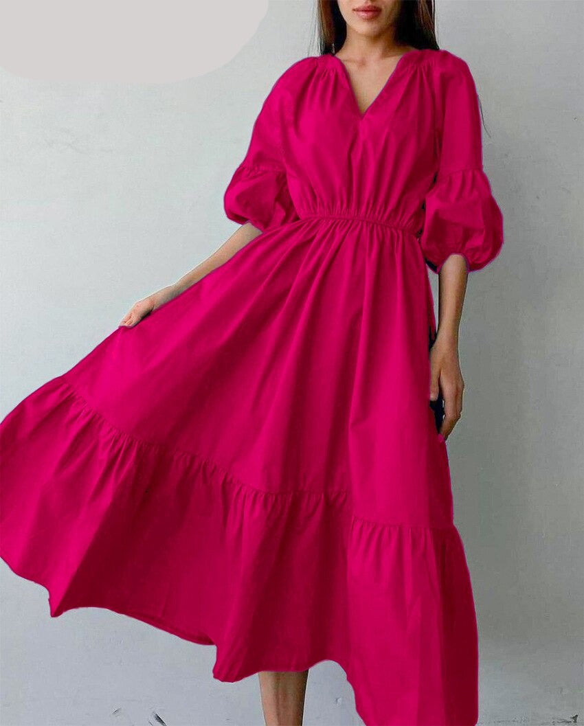 Back to college Sumuyoo Elegant Long Cotton Dress Summer Lantern Half Sleeve V-Neck Office Party Dress Lady A-Line Spliced Ruffled Casual Dress