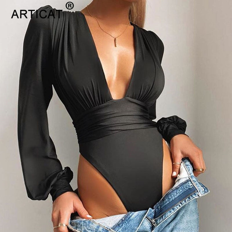 Prettyswomen 2022 Sexy V Neck Bodysuit Women Spring Fashion Casual Solid Knitted Long Sleeve Body Tops Female Puff Sleeve Bodycon Jumpsuit