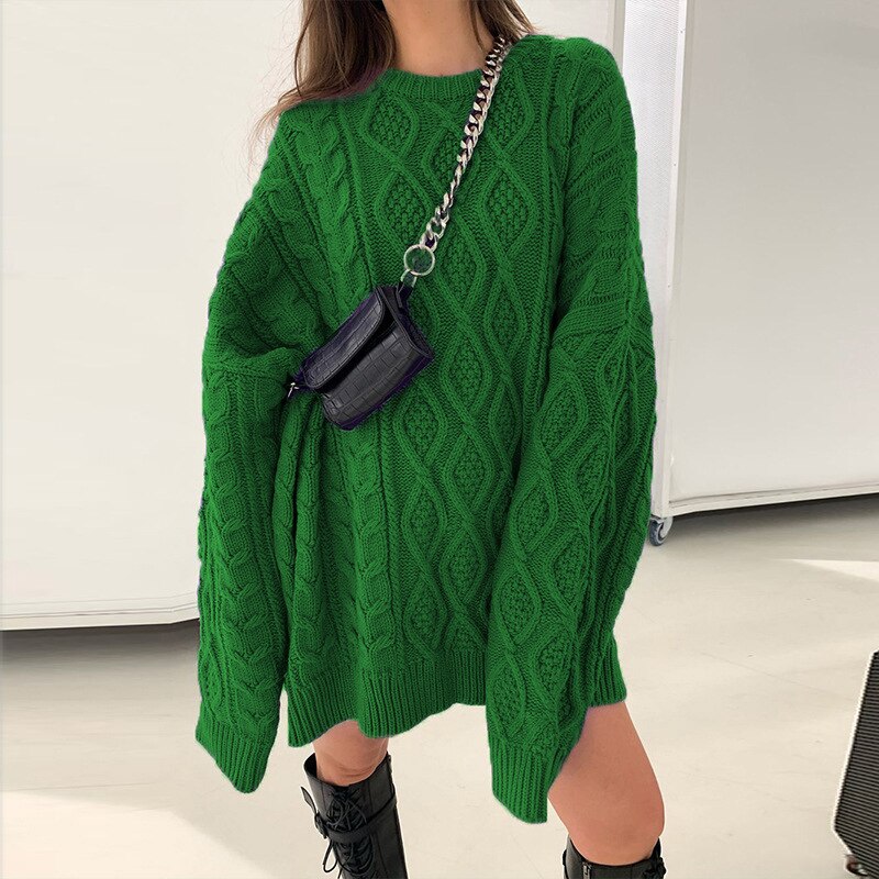 Prettyswomen Long Sleeve Green Pullover Autumn Winter Oversized Y2K Loose Knitted Sweater Mini Dress Women Tops Casual Street Thick