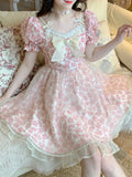 Lace Lolita Print Dress Women French Y2K Patchwork Sweet Party Mini Dresses Female Pink Bow Summer Floral Kawaii Dress 2022 New