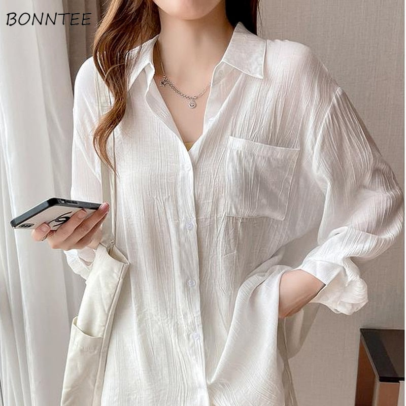 Prettyswomen White Shirts Women Folds Solid Summer Thin All-Match Simple Long Tops Soft Sun-Proof Daily Casual Chemise Design Ladies Tender