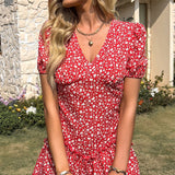 Boho Beach Sundress Women Red Flower Printing Short Sleeve High Waist V Neck A-line Mini Dress for Ladies Casual Holiday