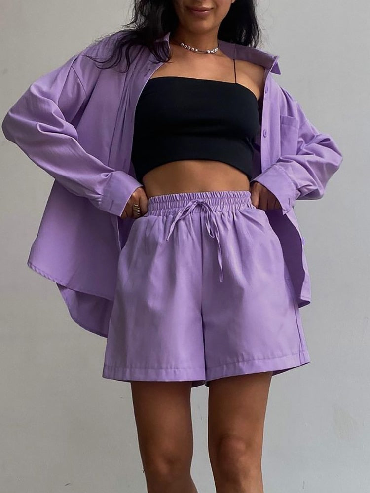 Prettyswomen Casual Shorts Tracksuit Long Sleeve Womens Shirts And Hot Waist Shorts Two Pieces Suits Ladies Outfits Summer 2022