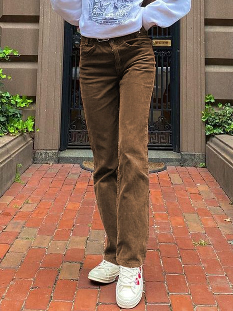 Prettyswomen Autumn Casual Corduroy Brown Long Trousers Women Skinny Mid Waist Pants Capris Fashion Thin 90s Pocket Sweatpants