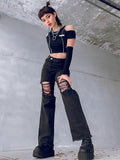 Mall Goth Y2K High Waist Black Denim Long Pants Grunge Punk Streetwear Full Length Distressed Ripped Jeans Women Fashion