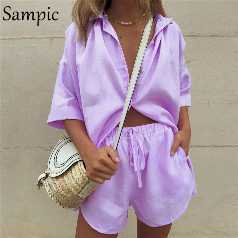 Prettyswomen New Casual Summer Tracksuit Female Two Piece Set Solid Color Turn-Down Collar Short Sleeve Shirt Tops And Loose Mini Shorts Suit