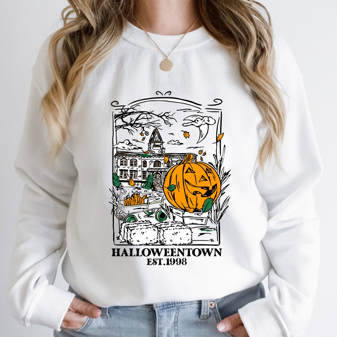Prettyswomen Halloween Costume Colored Halloweentown Est 1998 Sweatshirt Vintage Women Long Sleeve Jumper Pumpkin Halloween Pullovers