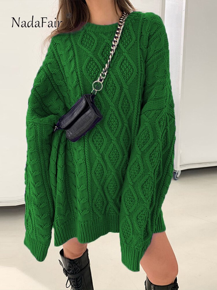 Prettyswomen Long Sleeve Green Pullover Autumn Winter Oversized Y2K Loose Knitted Sweater Mini Dress Women Tops Casual Street Thick