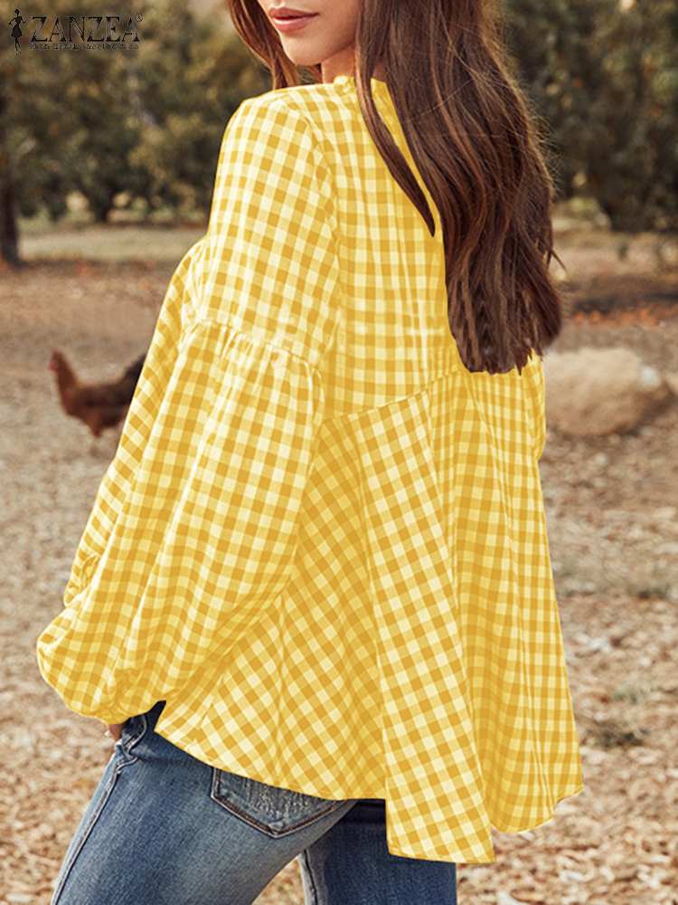 Prettyswomen Stylish Plaid Checked Blouse Women Spring Long Sleeve Party Tops Casual O Neck Holiday Shirt Loose Vintage Blusa Oversize
