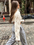 Prettyswomen Women Autumn Winter Crochet Knitted Long Sleeve O Neck Crop Top Casual Street Sweater Y2K Pullover 2022 Basic Gray