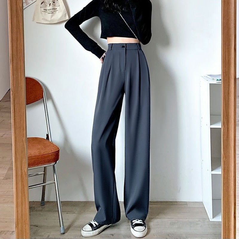 Black Friday Sales Fashion Thin Women Wide Leg Pants Summer High Waist Elastic Office Lady Loose Trousers Vintage Korean Solid Straight Pants New