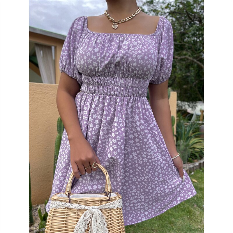 Summer Casual Beach Dresses Women Backless Short Sleeve Square Neck High Waist A-line Mini Dress Purple Floral Printing Holiday