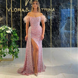 Royal Pink Sequins Mermaid Prom Dresses Feathers Elegant Long Sleeves Evening Gown 2022 Off The Shoulder Women Formal Dress