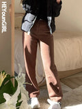 Prettyswomen Casual Straight Brown Jeans Women Vintage High Waist Long Trousers Ladies Casual Loose Wide Leg Pants Capris Autumn