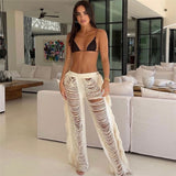 Back to college  Sexy Hollow Out Hole Knitted Pants With Fringe On The Side Beach Cover Up Vacation Bottoms Fall Trousers C87-FG52