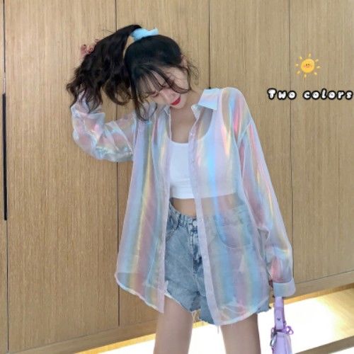 Prettyswomen Shirts Women Thin Summer Sun-Proof Daily Outerwear Long Sleeve Chic Aesthetic Glitter Ins Harajuku Design Loose Ulzzang Newest