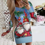 Black Friday Sales 2022 Fashion Party Dresses Women Christmas Printed Long Sleeves Round Neck Tight Above Knee Casual Mini Dress Holiday Vestidos