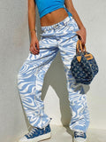 Zebra Print Casual High Waist Pants Women Fashion Skinny Long Trousers Ladies Blue Straight Sweatpants Streetwear