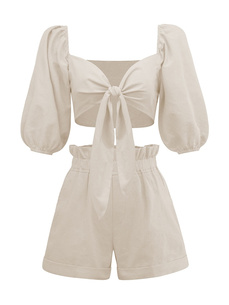 Prettyswomen 2 Piece Set Woman Sexy Outfit Crop Top And Shorts Summer Set Frill High Waist Lace-Up Bow Vacation Suit Cotton Linen