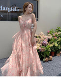 2022 Summer Women Fairy Dress Retro Floral Waist Beach Dress Seaside Holiday Floral Off The Shoulder Suspender Long Skirt