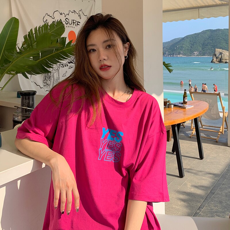 Prettyswomen New Arrival Korean Style Summer Fashion Women Casual Loose Short Sleeve Long T Shirt Letter Print O-Neck Cotton T-Shirt V542