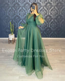 Simple A Line Saudi Arabia Prom Dresses Organza Long Puff Sleeves Women's Evening Party Gown Dubai Formal Prom Gowns 2022