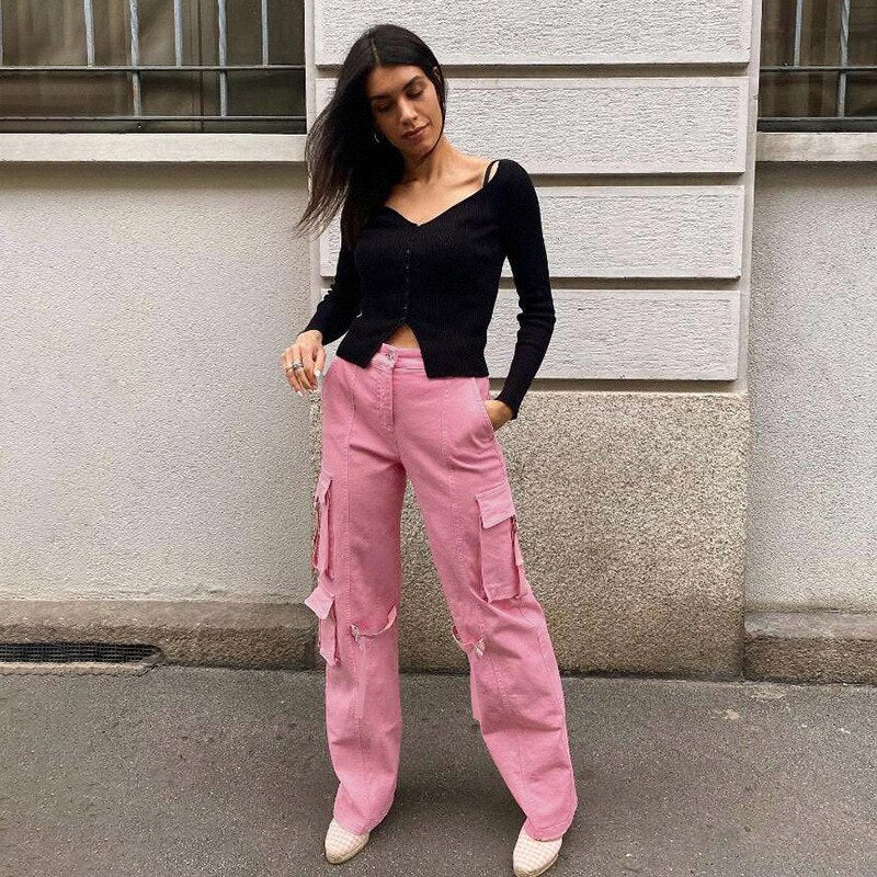 Prettyswomen Cargo Pants Women Y2K Streetwear Pink Summer Autumn Pockets Loose Casual High Waist Jeans Fashion 2022 Hip Hop Trousers