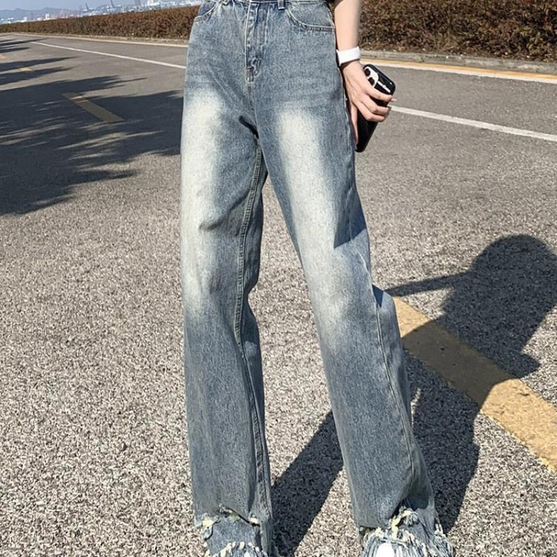 Thanksgiving Day Gifts Tassel High Street Women Straight Pants Denim Bottoms Floor-Length Trousers Distressed Causal Baggy High Waisted Jeans